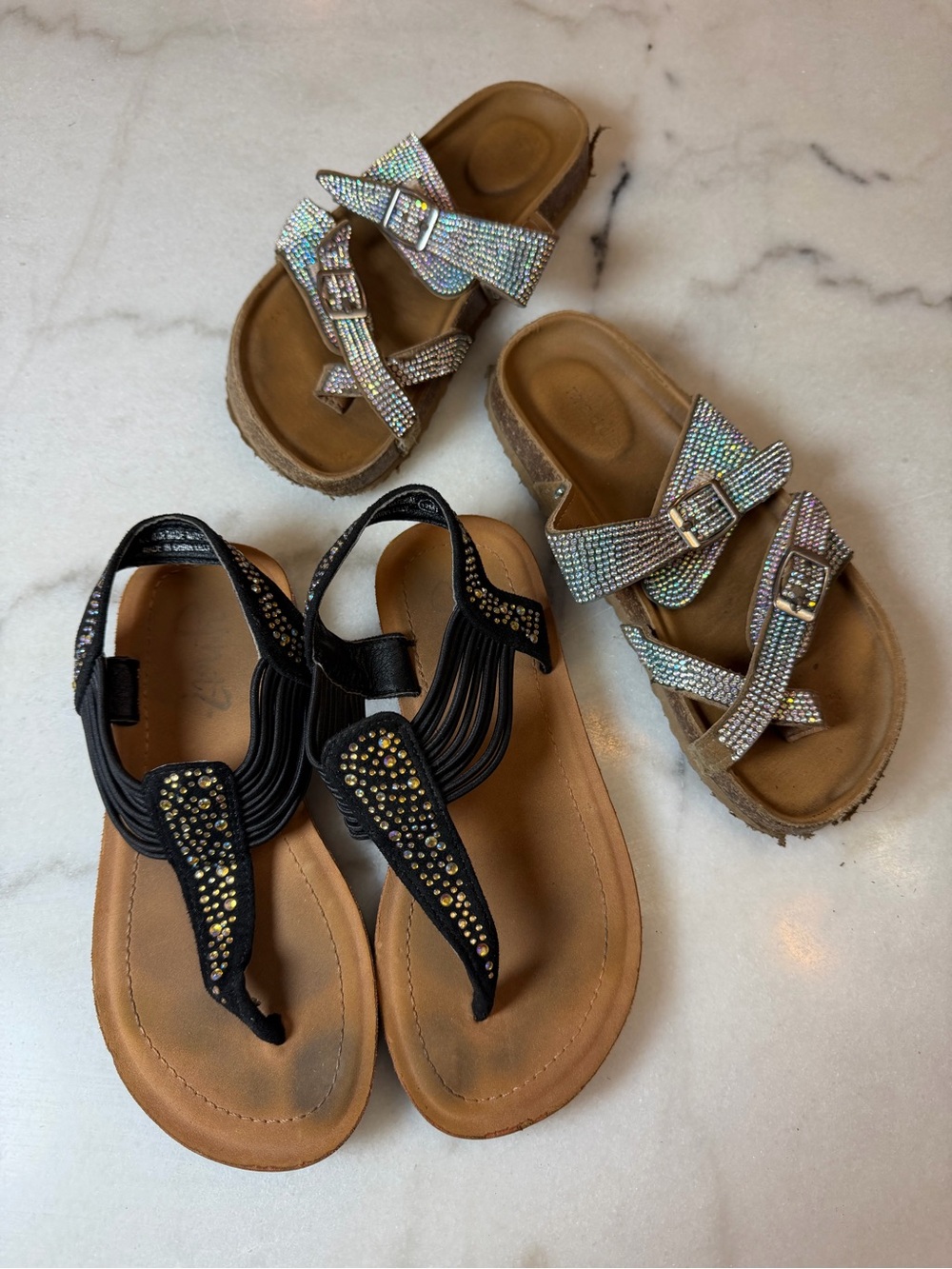 Girls' Rhinestone Slide Sandals & Black T-Strap Sandals - Kids Shoes